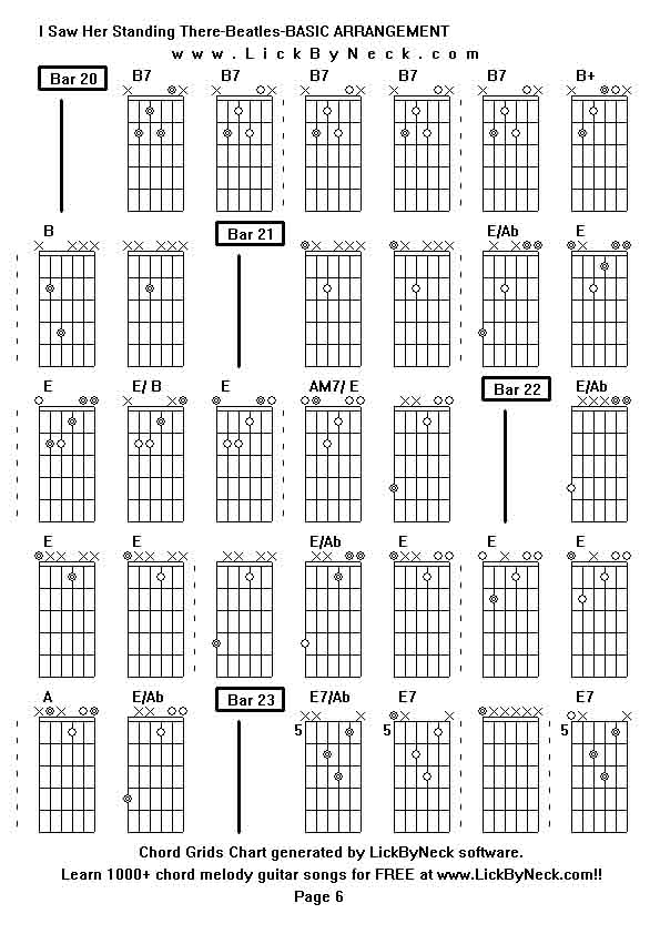 Chord Grids Chart of chord melody fingerstyle guitar song-I Saw Her Standing There-Beatles-BASIC ARRANGEMENT,generated by LickByNeck software.